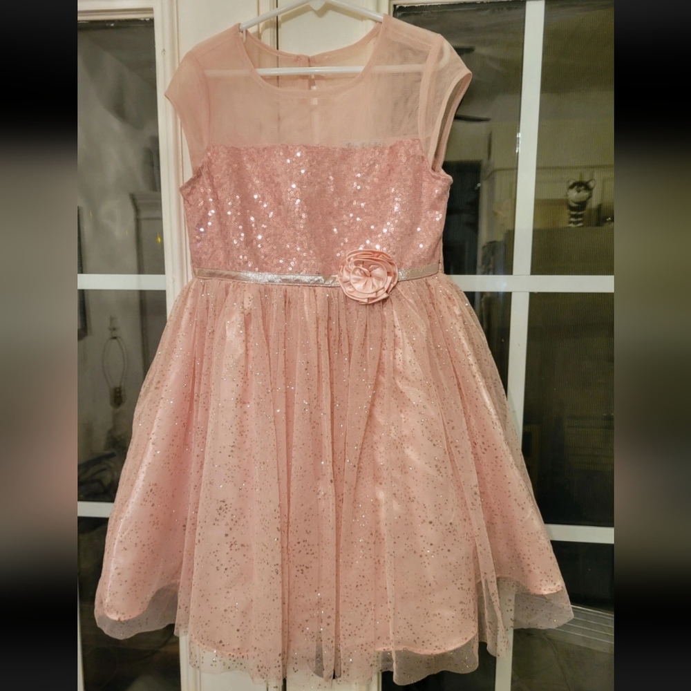 Girls Size‎ 7 Jona Michelle Dress Sheer Sequin Glitter Pink Sprimg Summer